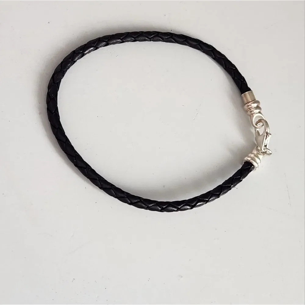 Black Braided Leather Bracelet 925 Silver